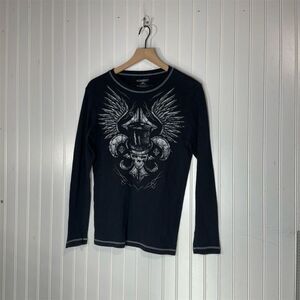 No Boundaries Skull Wing Thermal Top Y2K Grunge Emo Biker M Affliction Style VTG